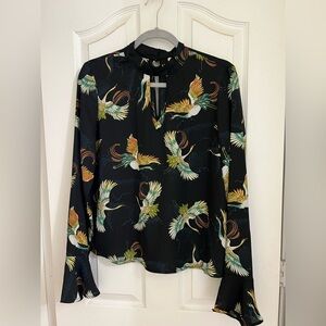 Gorgeous Crane Print Black Keyhole bell sleeve blouse